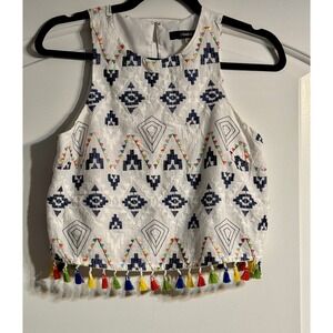 Sugar + Lips Crop Top Womens XS White Multi Embroidered Tassel Boho